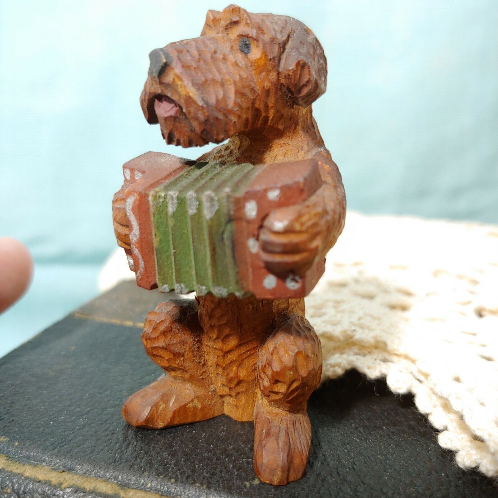 Vintage Hand Carved Wood Dog Playing Accordian Folk Art Miniature 2.5\