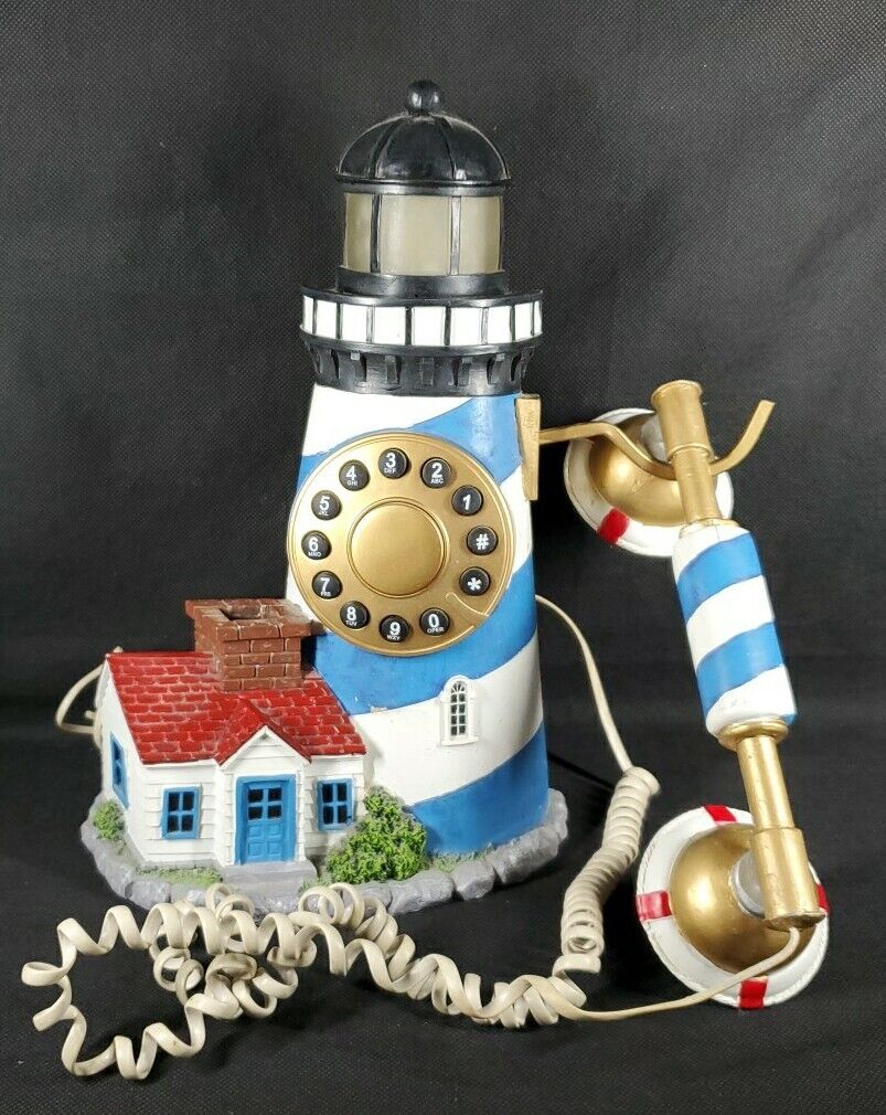Vtg Collections ECT Lighthouse Dial Phone Stationary Pen Paper Holder Working