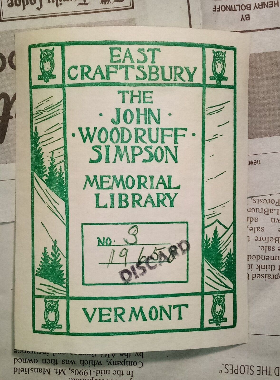 Vintage John Woodruff Simpson Memorial Library East Craftsbury Vermont Bookplate