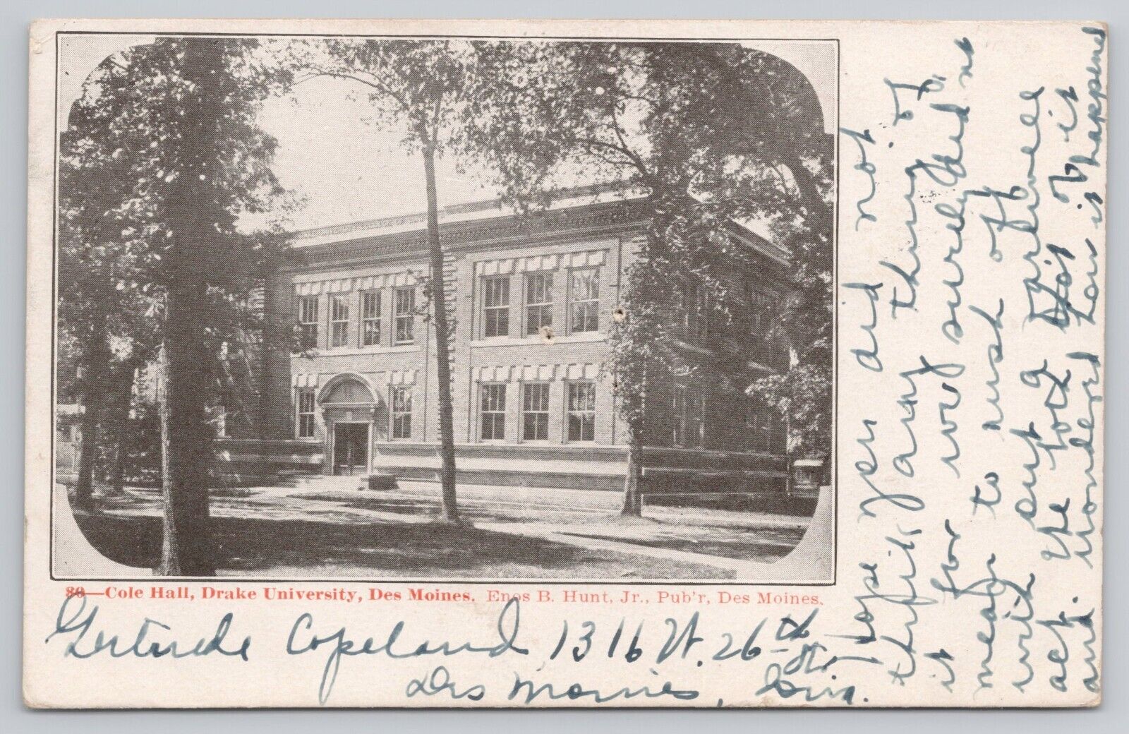 Postcard Des Moines Iowa Drake University Cole Hall College of Law 1908 Posted