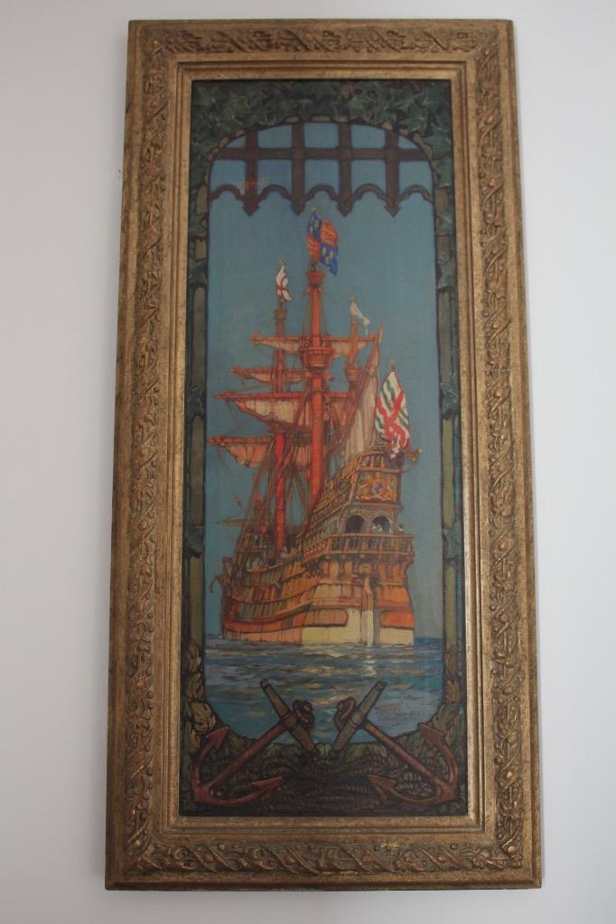 KENNETH D SHOESMITH DRAKES DEFEAT OF SPANISH ARMADA STERN MURAL OIL CANVAS