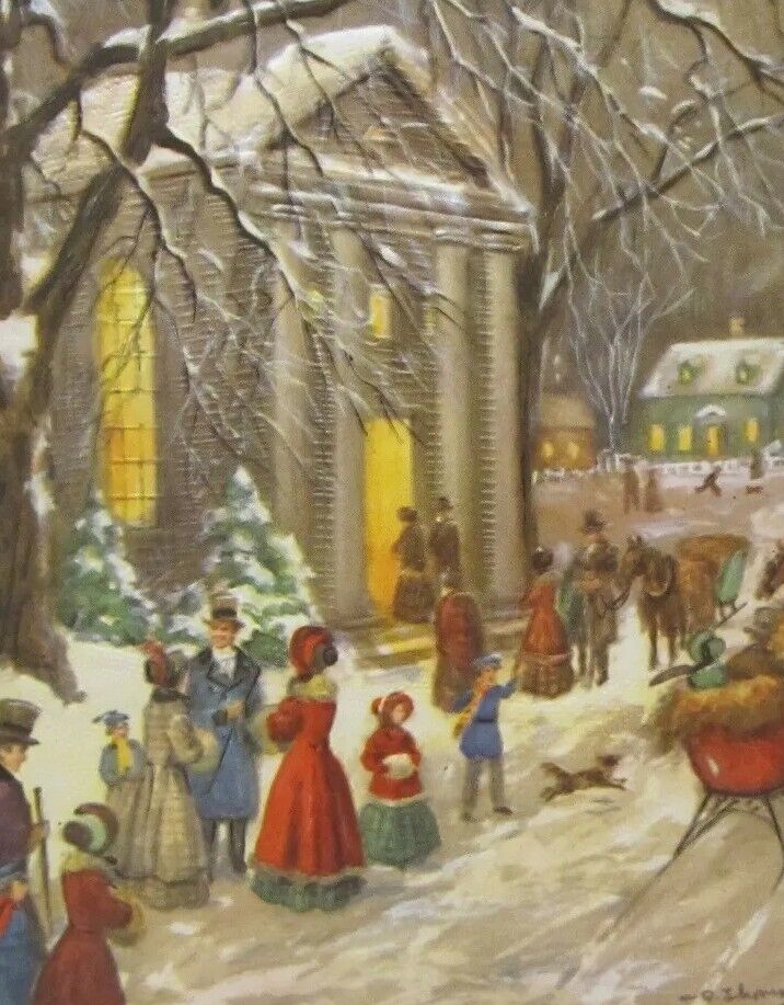Vintage Christmas Card Snowy Church Scene Victorian People Embossed Used