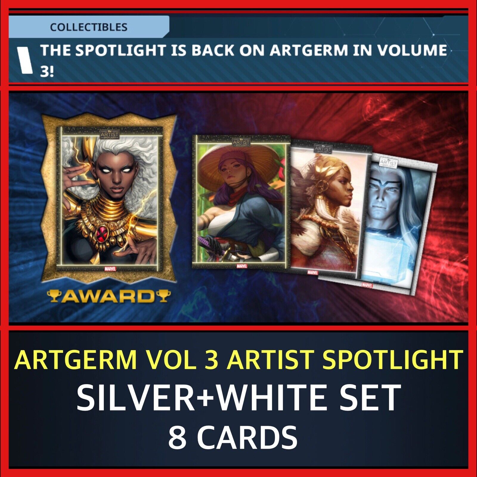 ARTGERM-VOL 3-ARTIST SPOTLIGHT-SILVER+WHITE SET-8 CARDS-TOPPS MARVEL COLLECT