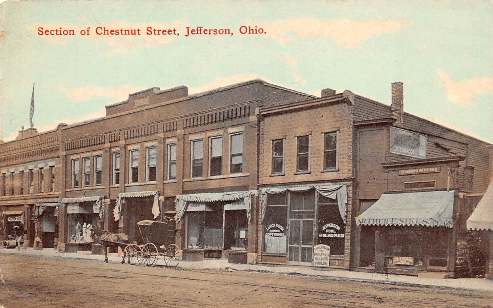 Jefferson Ohio Chestnut Street Pool Billiard Parlor Dirt St Buggy 1912 Postcard