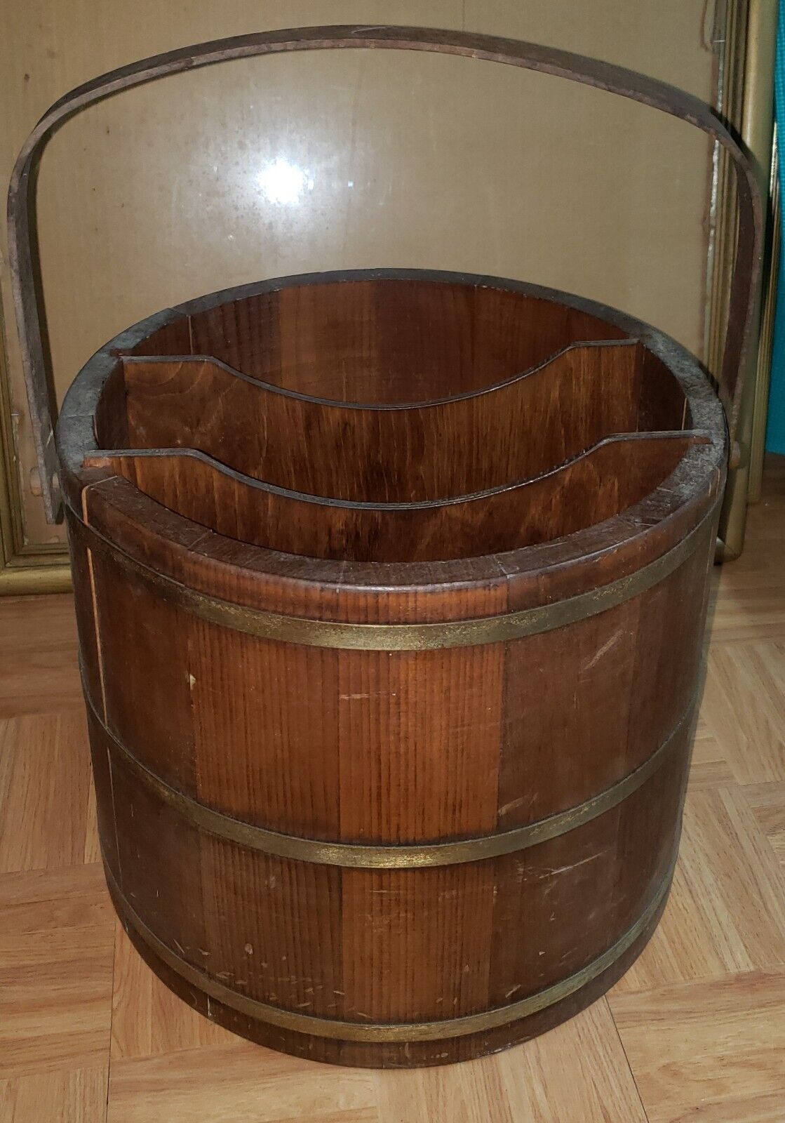 Vintage Large Primitive Wood Wooden Bucket Newspaper Holder Putney Basketville