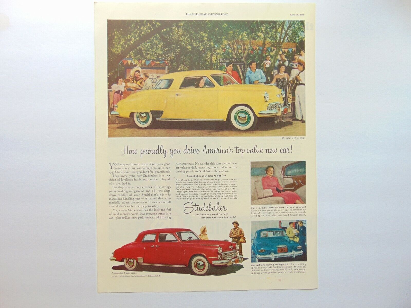 1949 STUDEBAKER Red Yellow Autos Happy People vintage art print ad