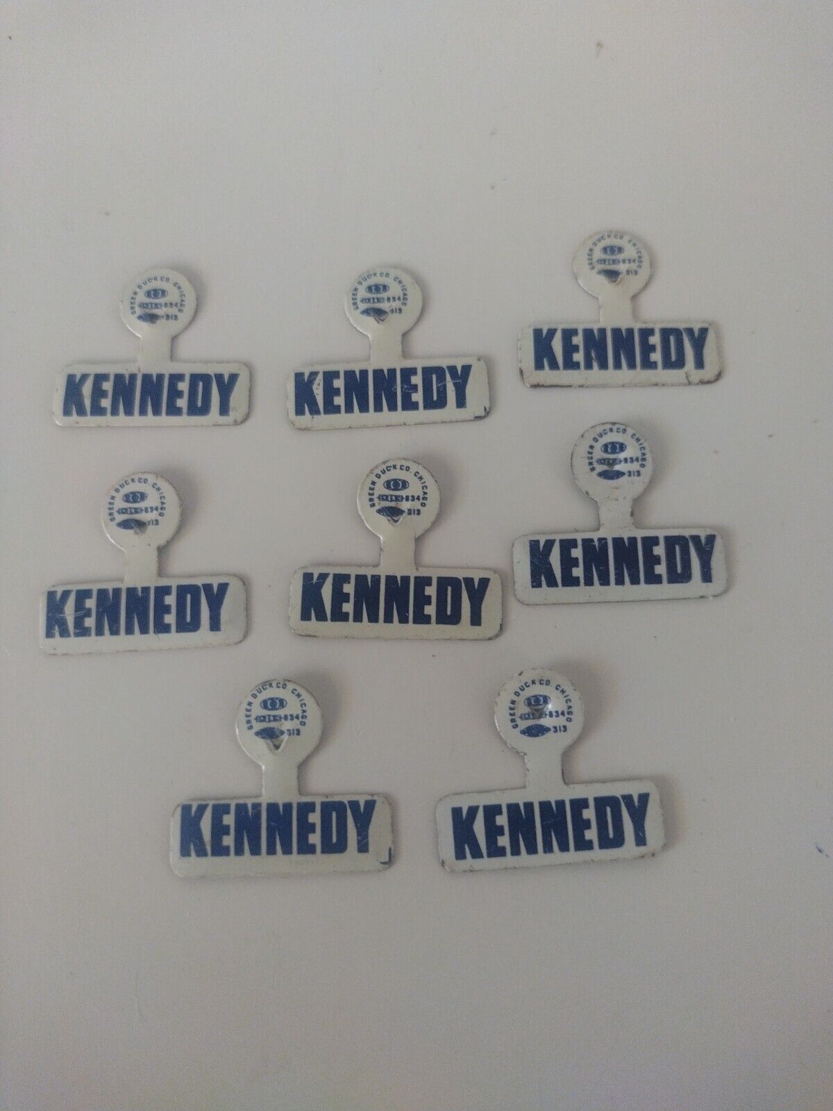 Original 1960's White & Blue  John F Kennedy Campaign Tin Fold Over Pin Lot of 8