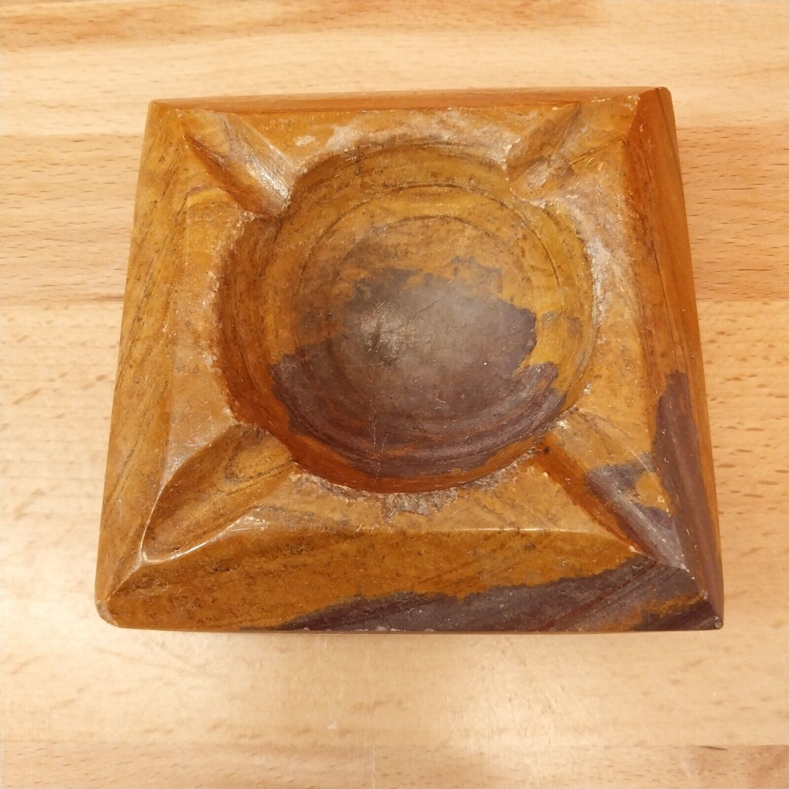 Vintage Onyx Hand Carved Stone Ashtray 4 Slot Square Brown Stone 4x4 Paperweight