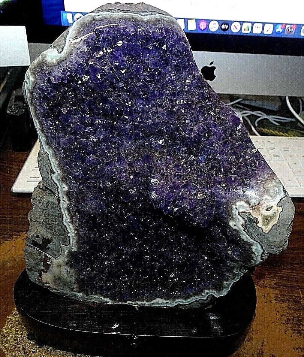 HUGE  AMETHYST CRYSTAL CLUSTER  CATHEDRAL GEODE FROM URUGUAY; WOOD STAND