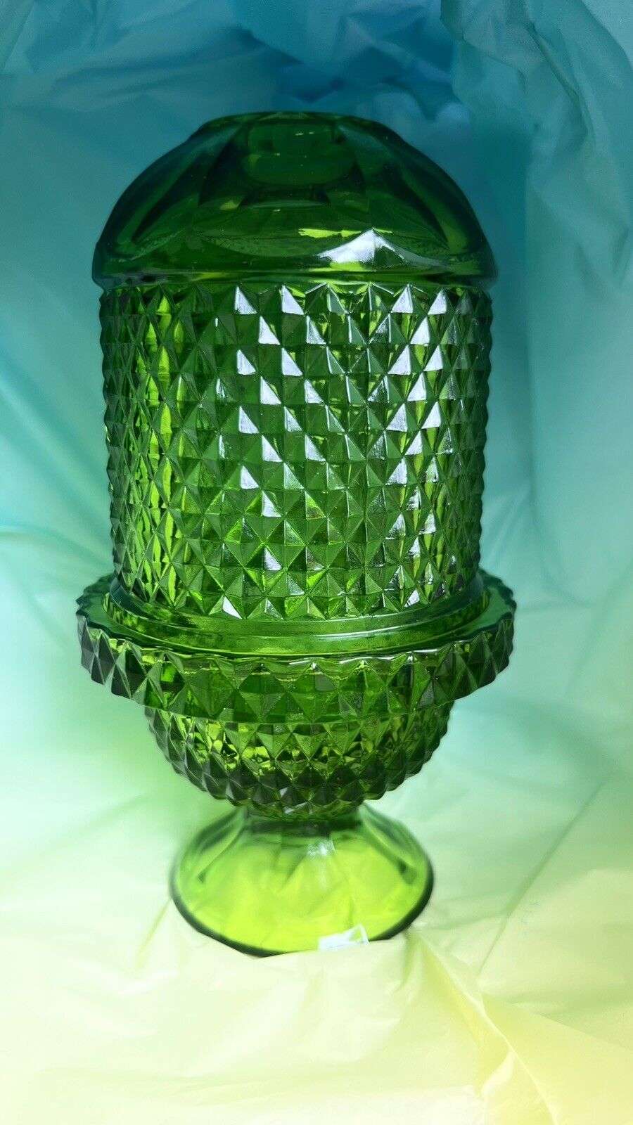 Vintage Viking Glass Diamond Point Green Fairy Lamp Candle Holder With Sticker