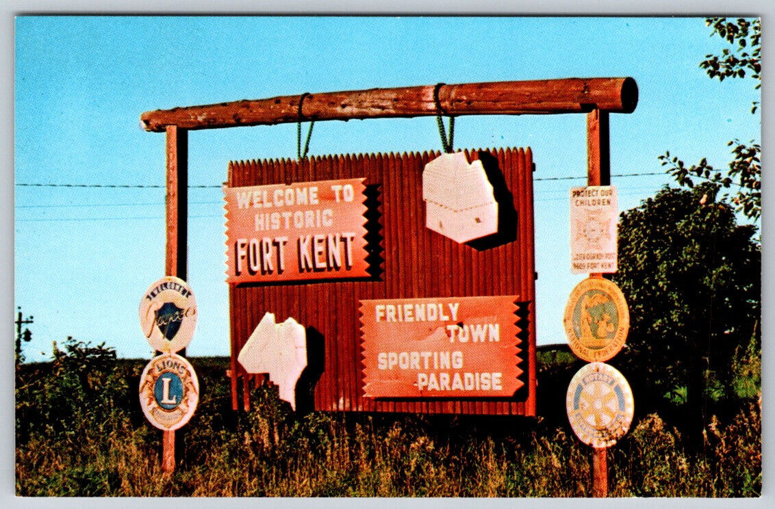 Welcome to Historic Fort Kent Friendly Town Wood Sign Post ME Vintage Postcard