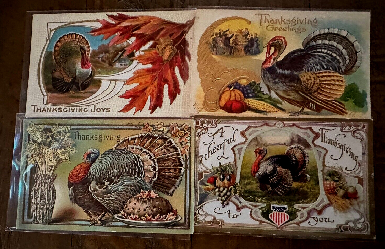 Lot of 4~Vintage Thanksgiving Postcards with Turkeys~Fruit~Autumn Scenes~h835