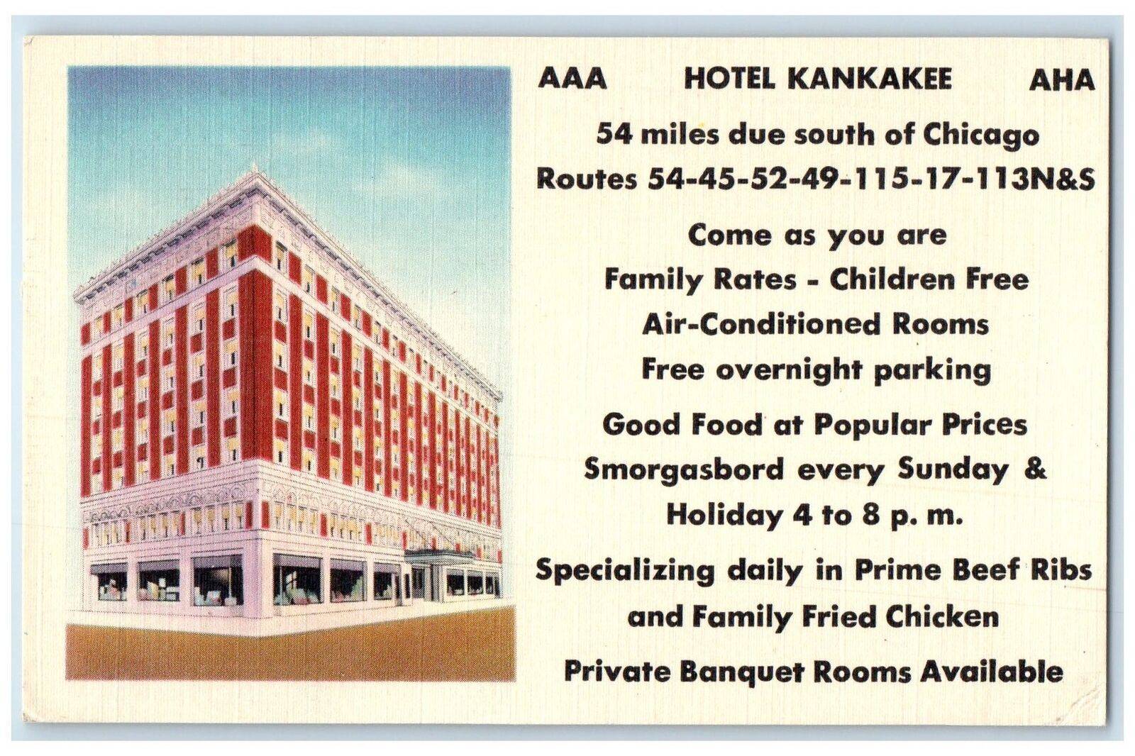 1957 Hotel Kankakee & Restaurant Building Kankakee Illinois IL Vintage Postcard