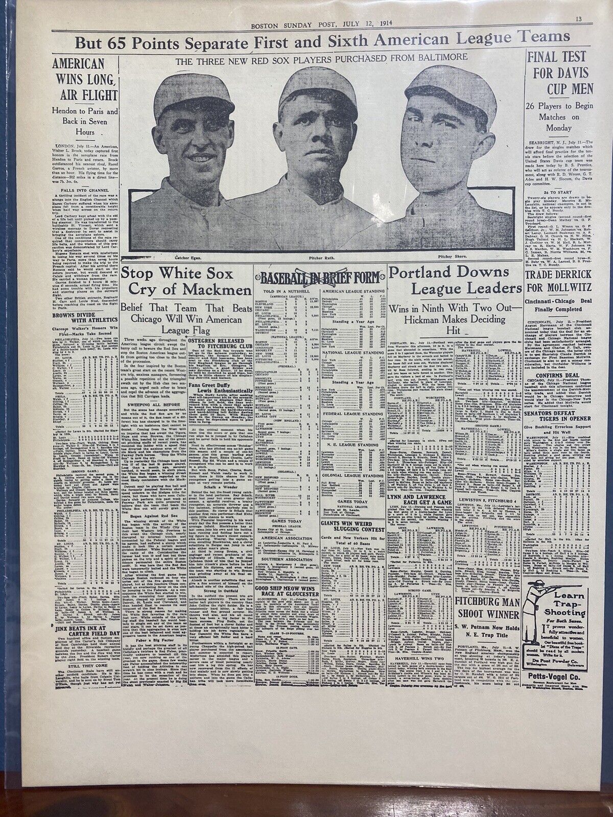 VINTAGE NEWSPAPER HEADLINE~BOSTON RED SOX PURCHASE BABE RUTH ~BASEBALL JULY 1914