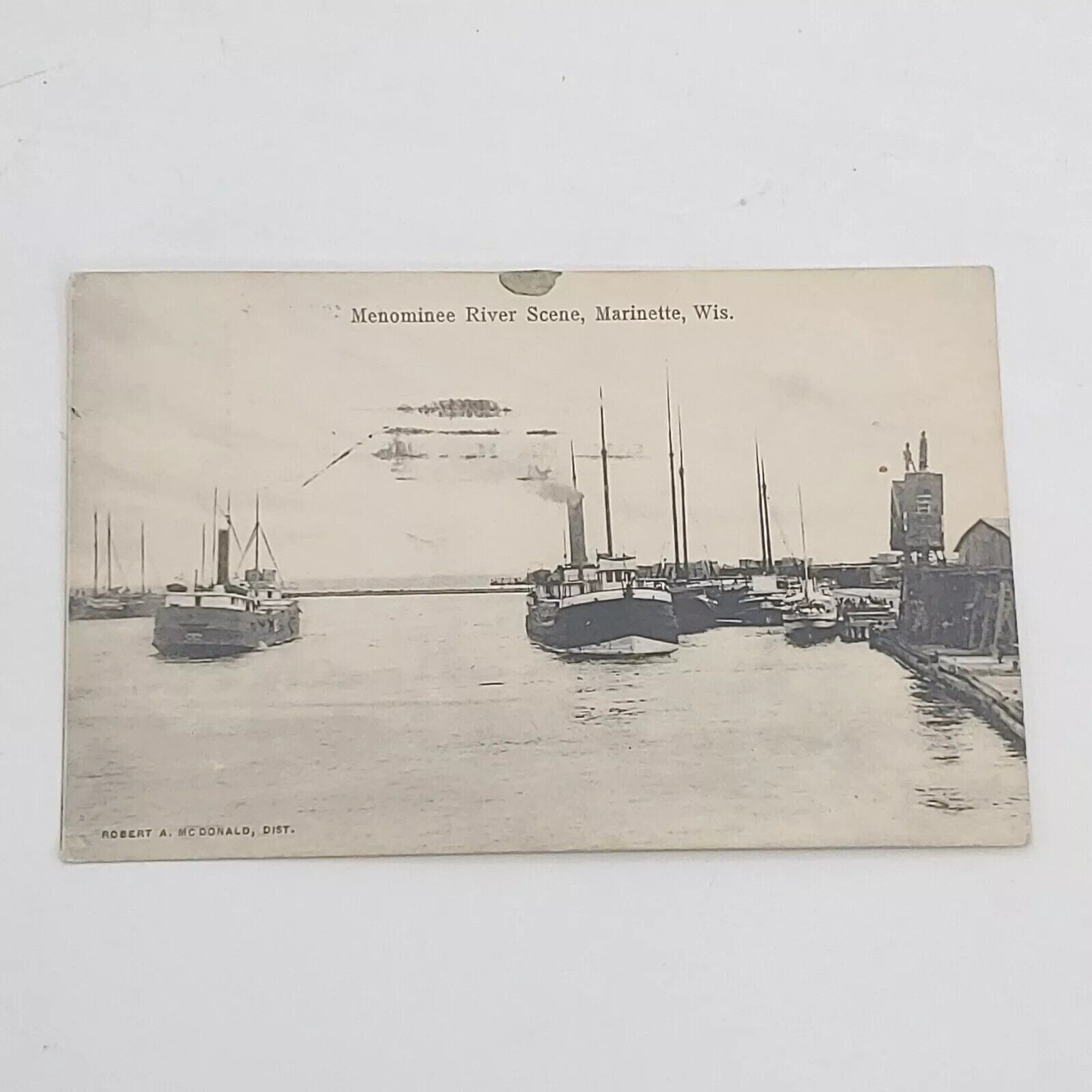 Minominee River Scene With Ships Vintage Postcard Marinette WI. 1911
