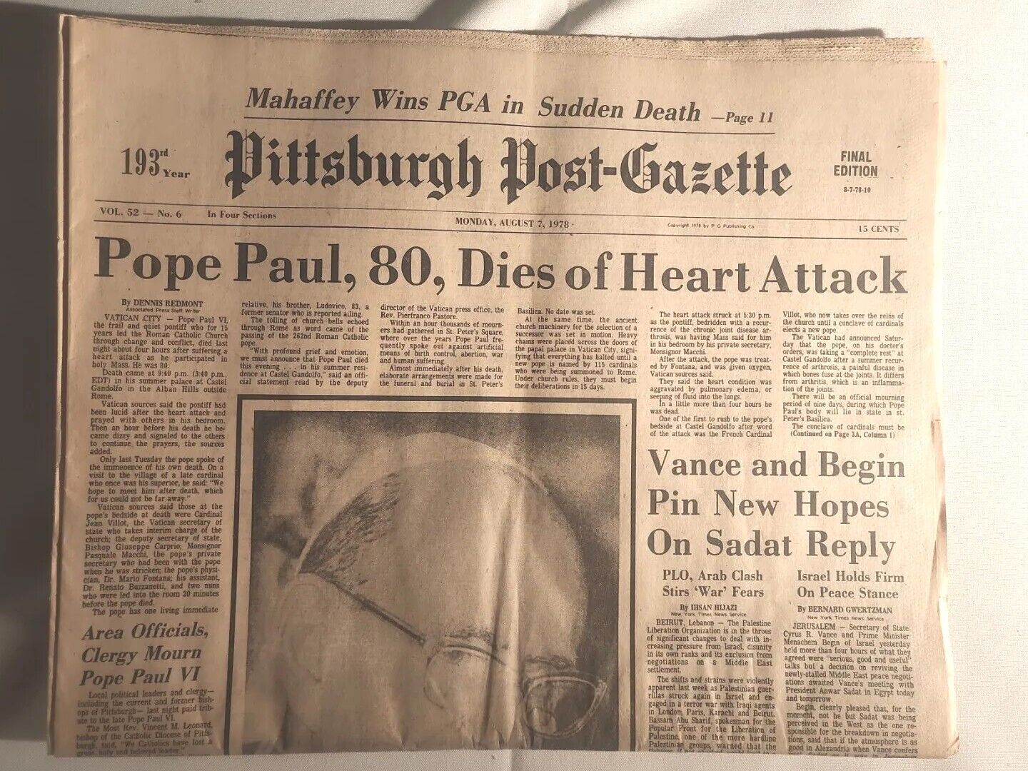 1978 August 7 Pittsburgh Post-Gazette Pope Paul 80 Dies of Heart Attack (MH51)
