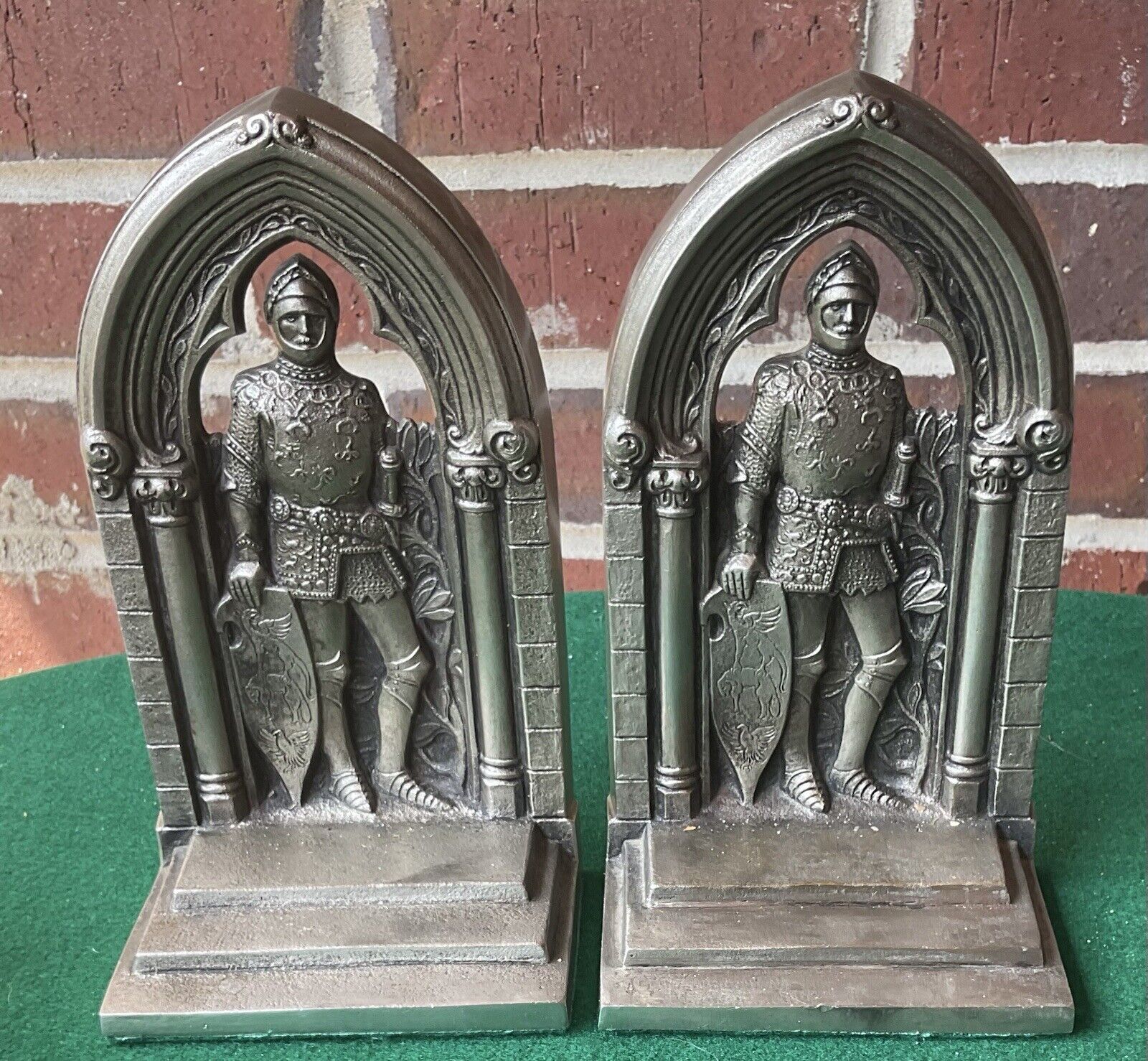 Gorham Co. bookends, Knight in Archway, dated 1931, 10+ Pounds