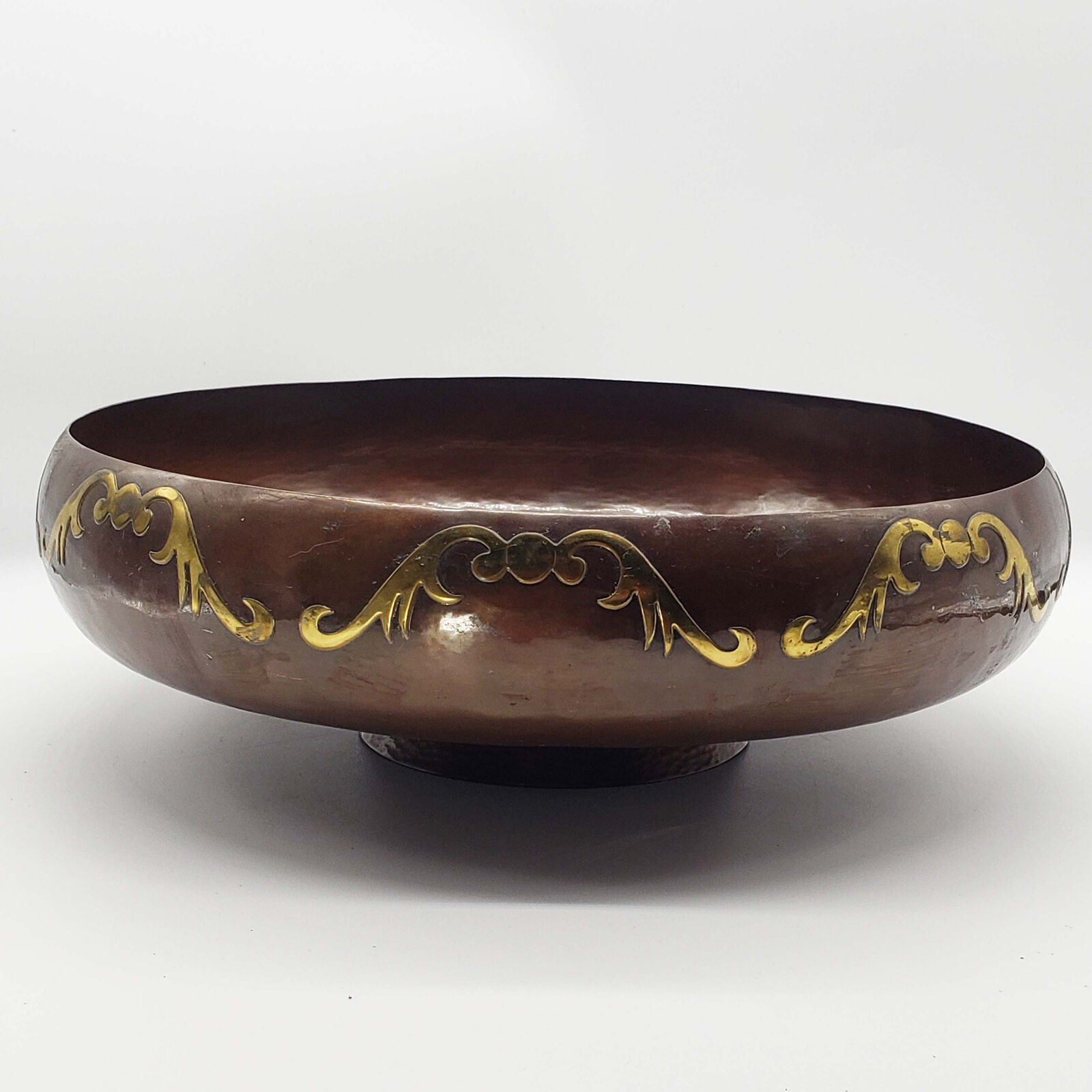 Vintage large footed brass inlaid artist signed copper bowl ikebana