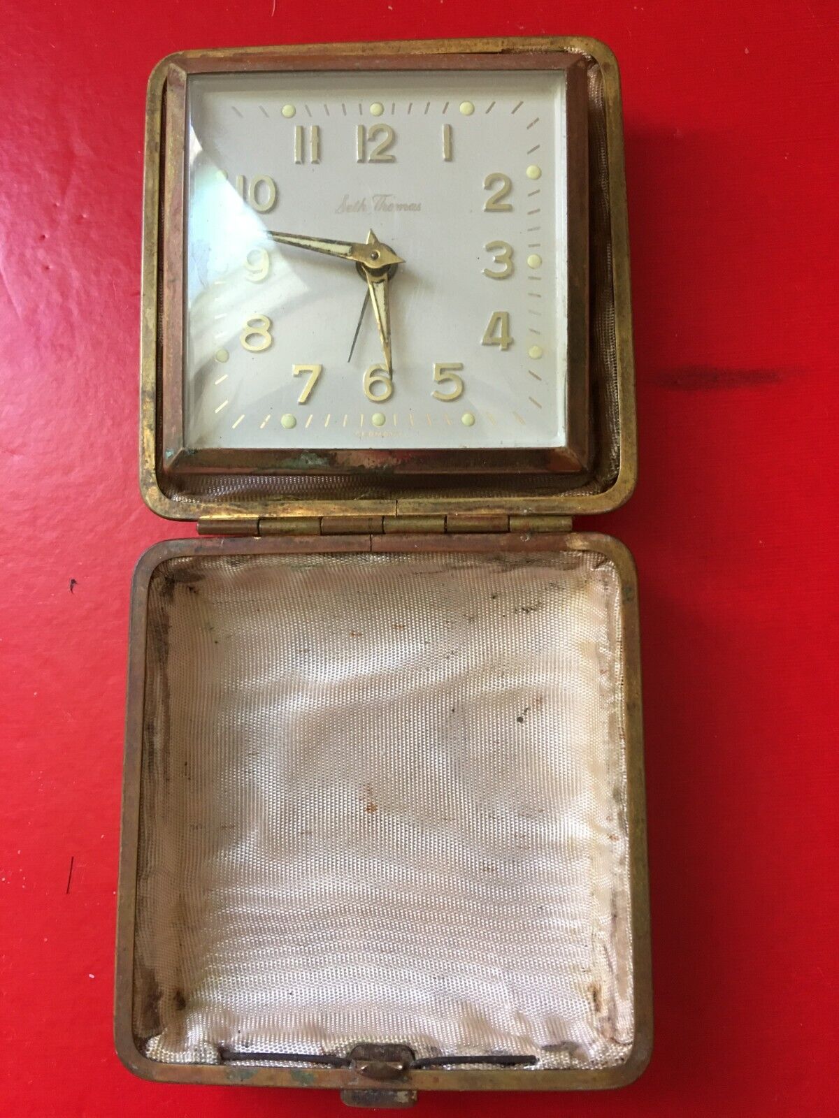 Vintage SETH THOMAS Brass & Plastic Fold Up Pocket Travel Alarm Clock Germany
