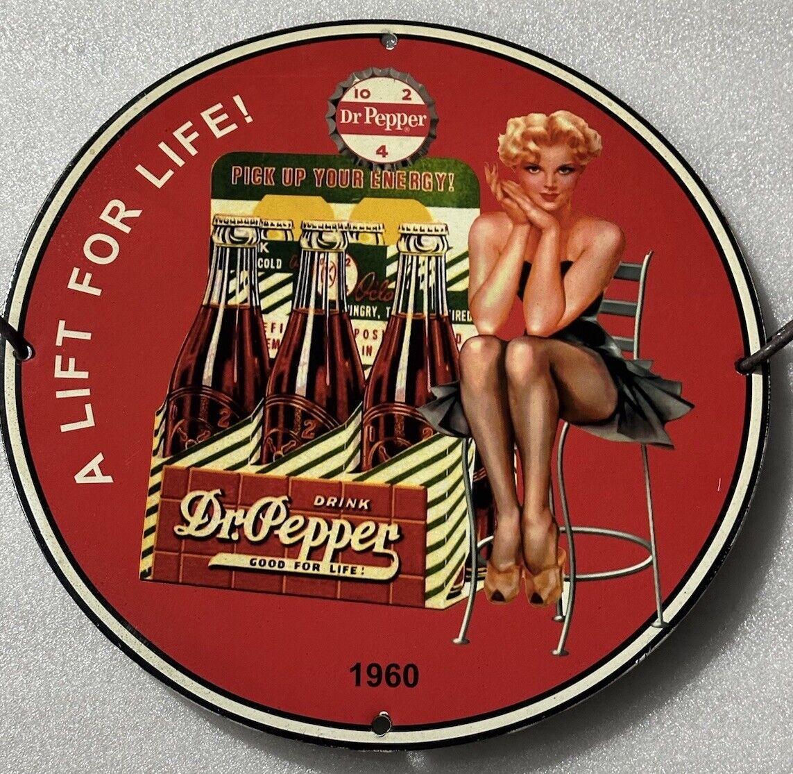 RARE DR PEPPER DRINK 1960 RETRO STYLE SEXY-GIRL PINUP PORCELAIN ENAMEL SIGN.
