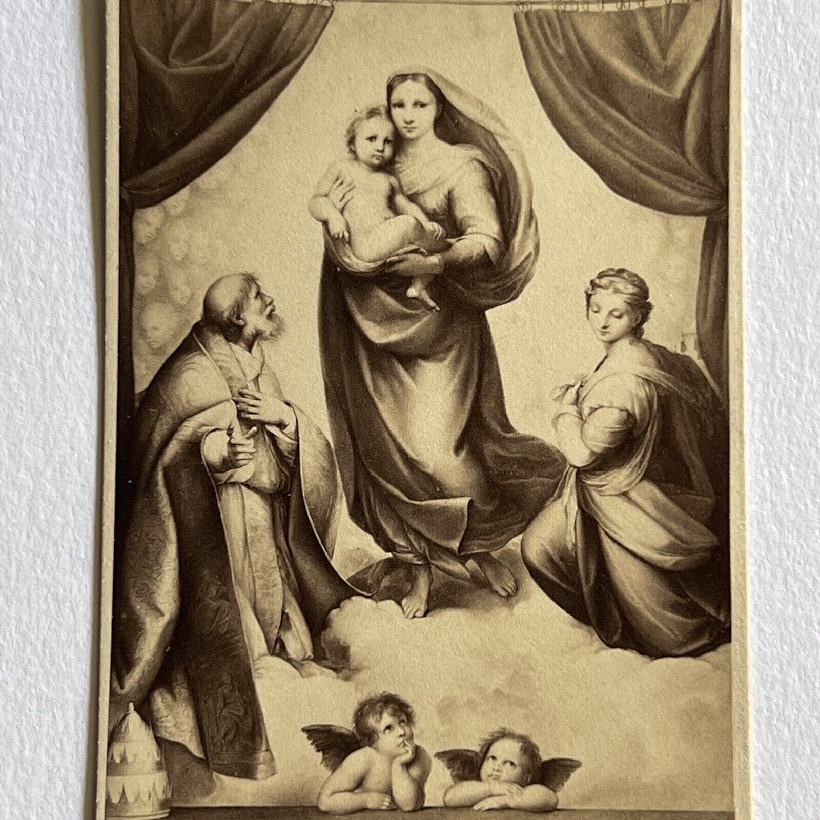 Antique CDV Filler Photograph The Sistine Madonna Raphael Mary Jesus Cherubs