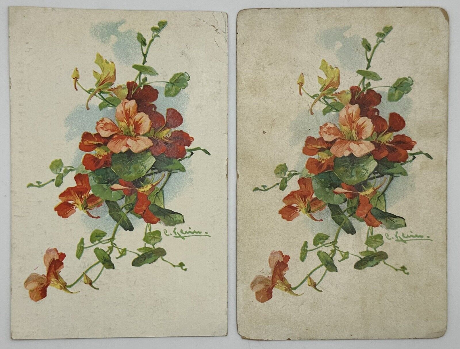 Antique 1911 Artist Signed Postcard Lot Of 2 W/ Embossed Flowers 