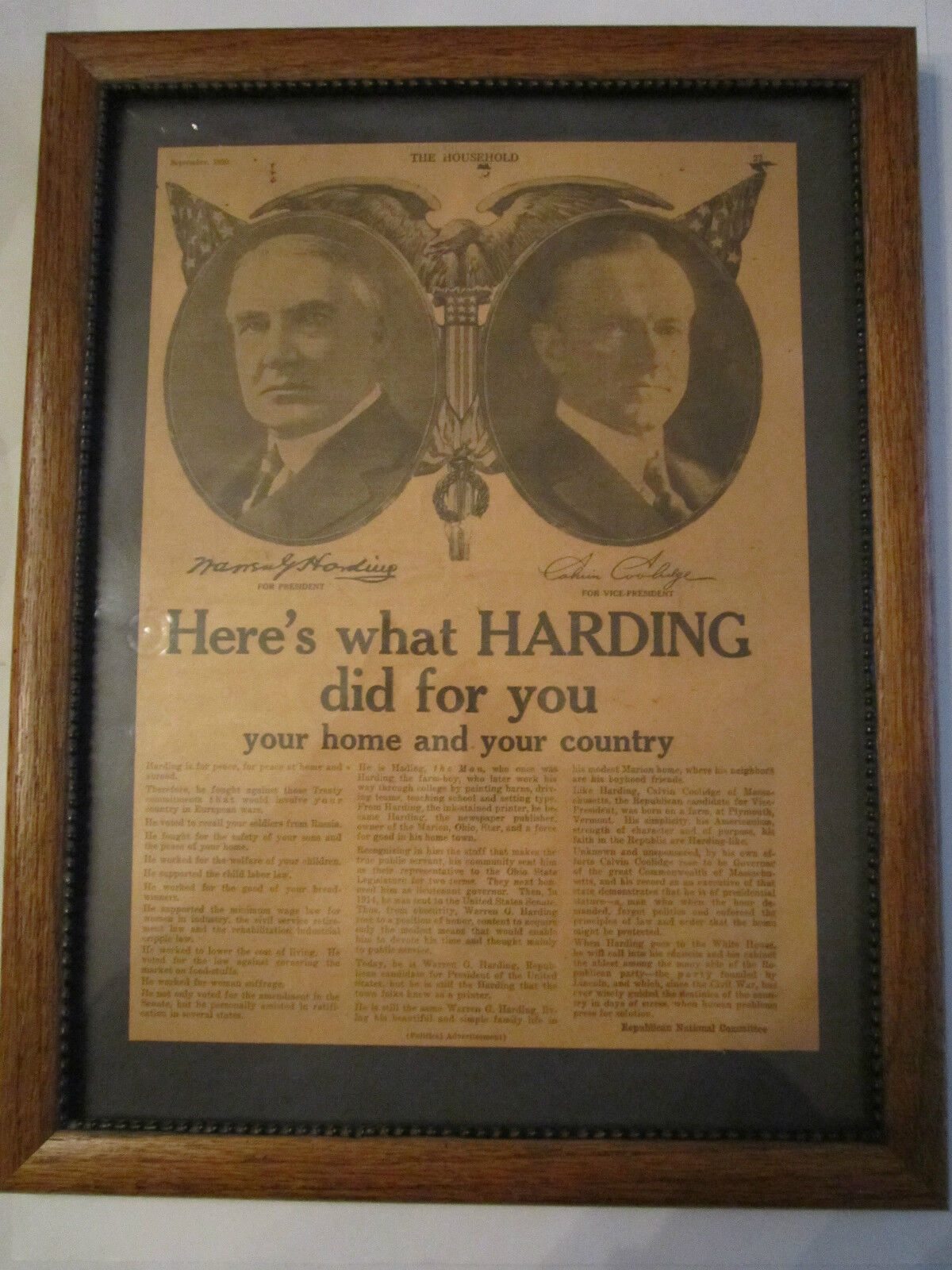 1920 WARREN G. HARDING POLITICAL AD - ORIGINAL - 13 1/2\