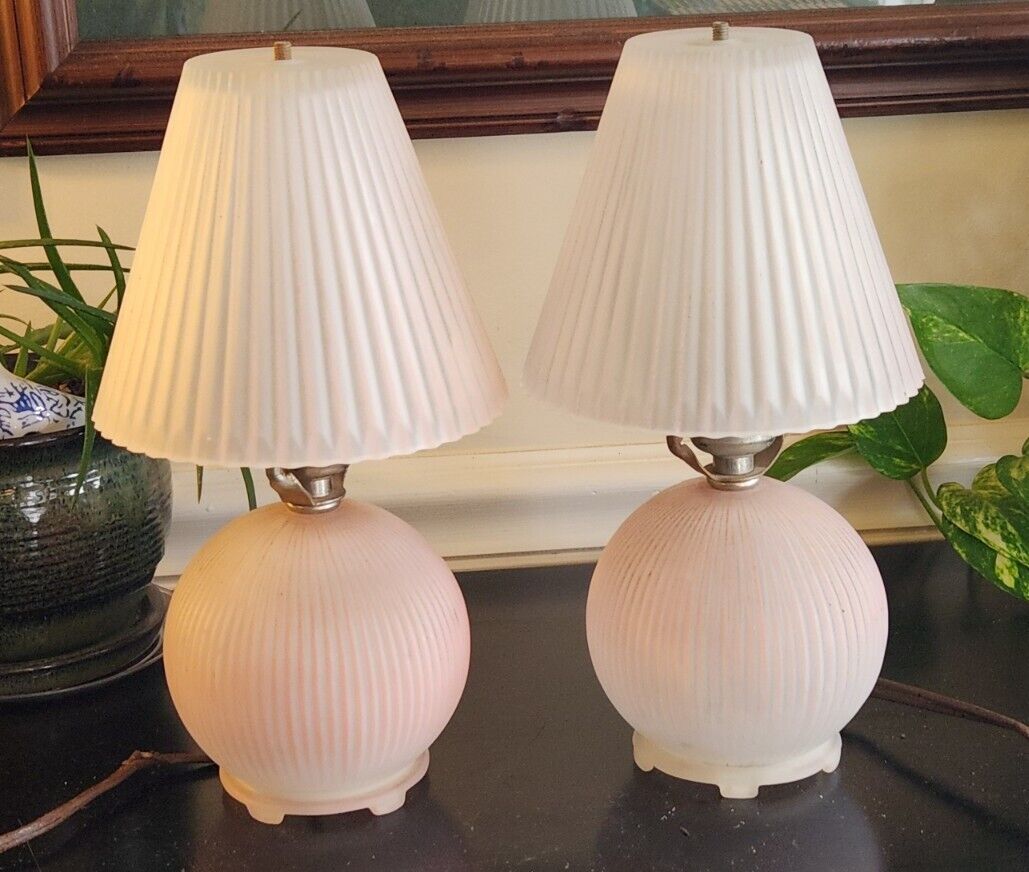 Pair of PINK FROSTED ART DECO Boudoir Lamps Ribbed Glass 8\
