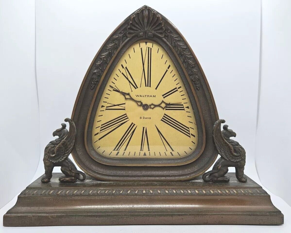 Antique 1926 WALTHAM Bronze 8 Day 15J Gothic Winged Griffins Deco Mantel Clock