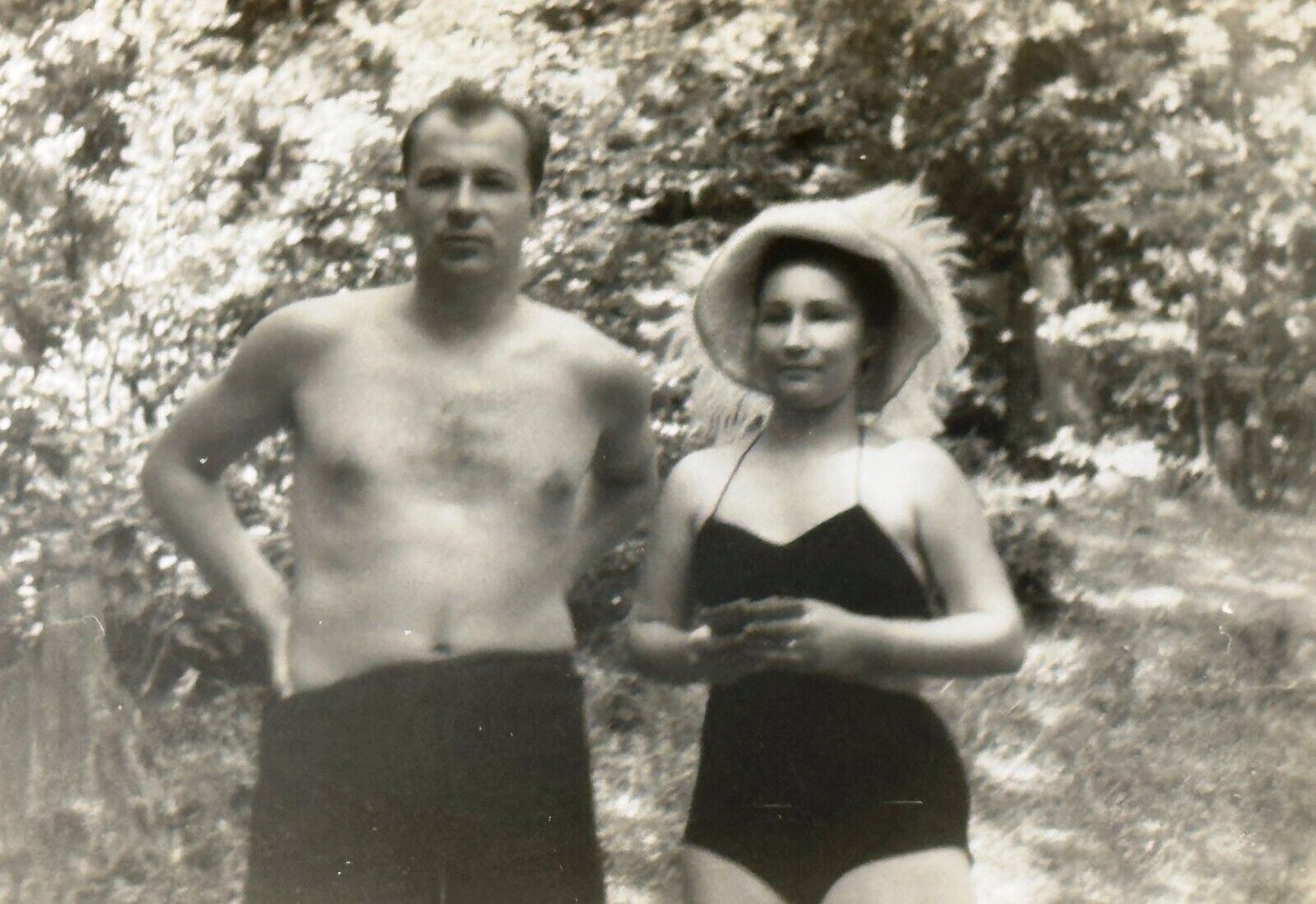 1950s Shirtless Man Trunks Bulge Young Woman Slim Body Vintage Photo Snapshot