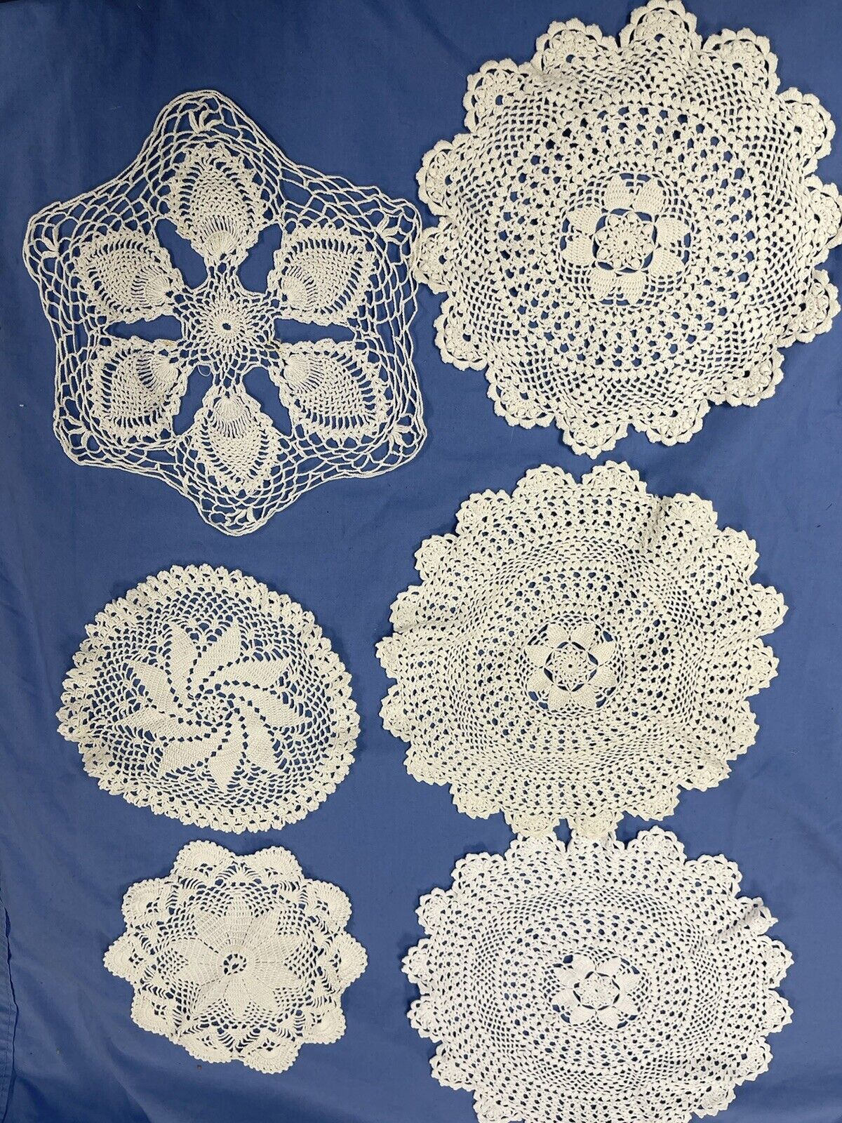 Vintage Antique Hand Crocheted Doilies Lot of 6 White Beige Asst Rounds SC2