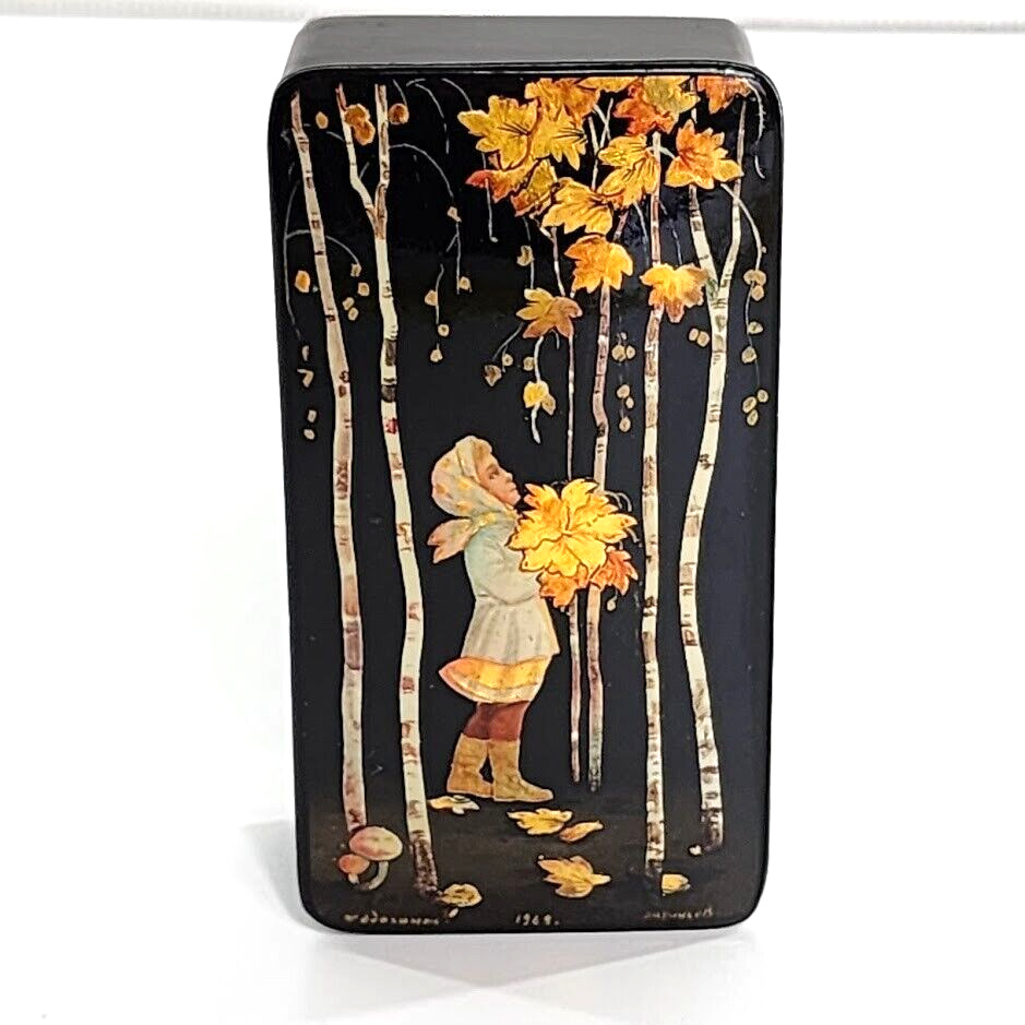 VTG Signed Russian Lacquer Trinket Box 4x2 Hand Painted 1968 Girl In Woods Fall