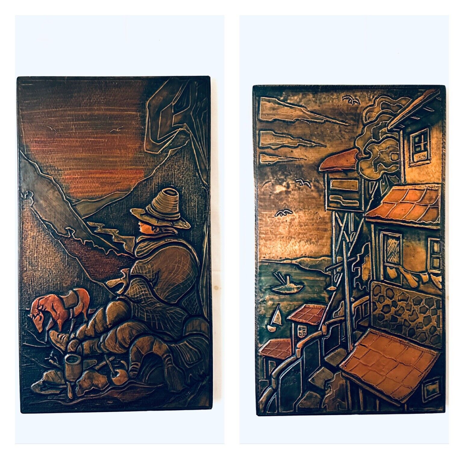 2 Mid Century 1950 Copper Relief 3-D Pictures Chilean Artist Signed 20