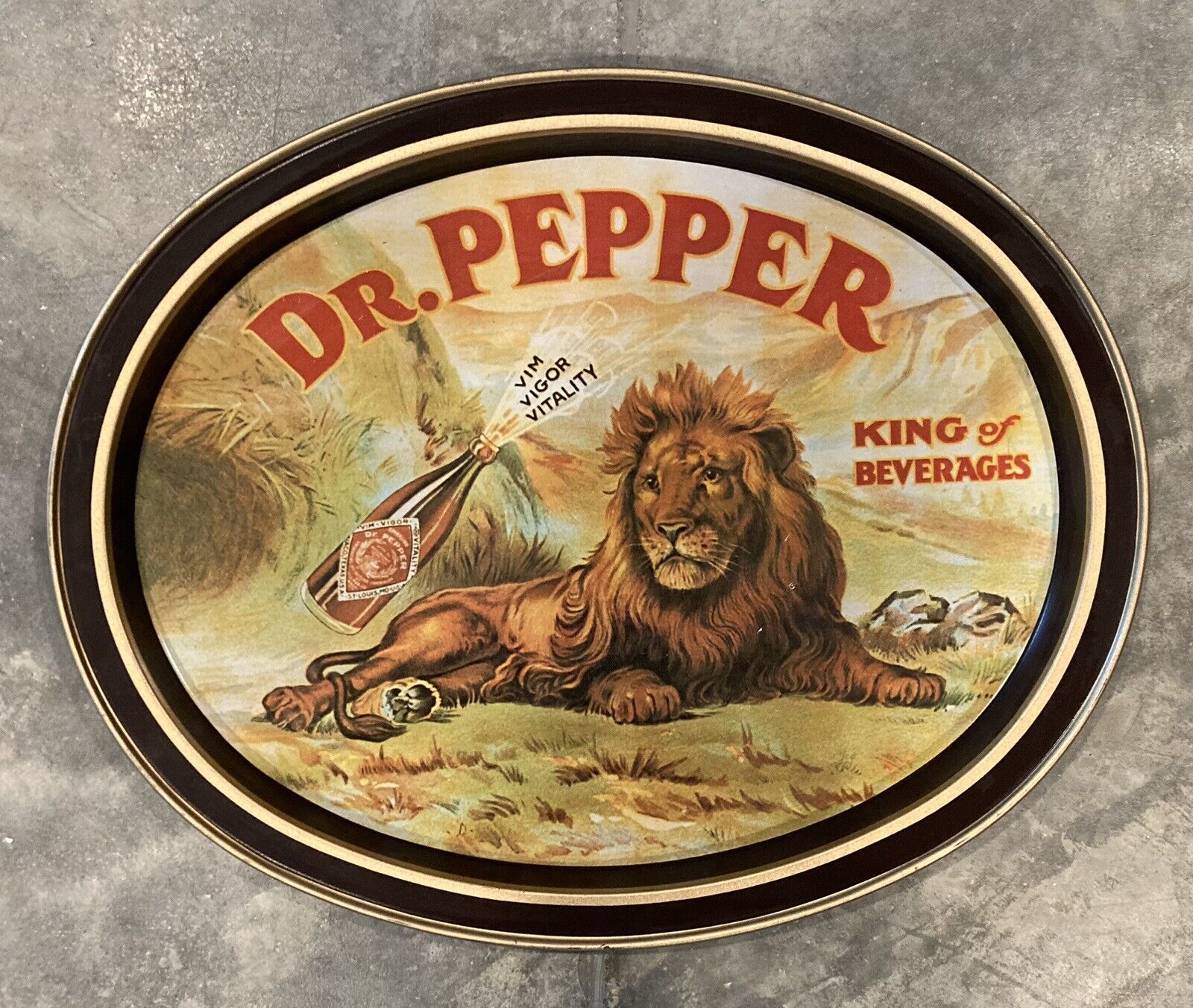 1979 Dr Pepper King of Beverages Lion Oval Tin Serving TV Tray Advertising 14.5\