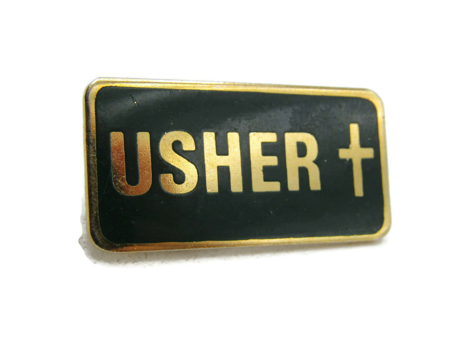 Usher Lettered Pin Dark Green Background Cross & Gold Tone