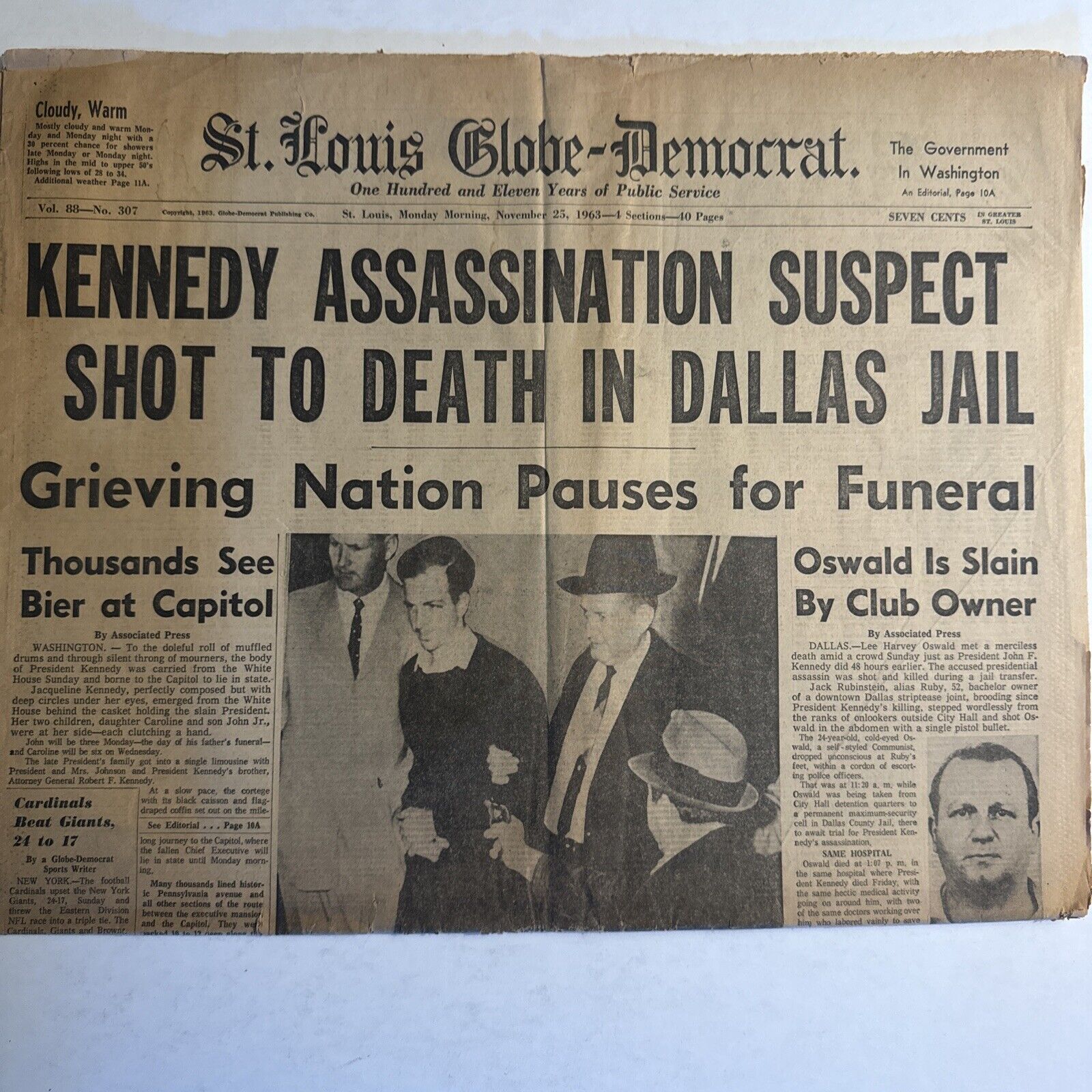 Lee Harvey Oswald Shot In Dallas Jail November 25, 1963 St. Louis Newspaper