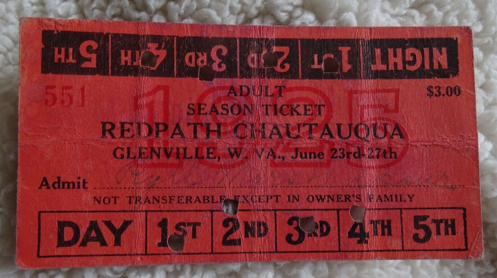 1925 Redpath Chautauqua Adult Season Ticket Glenville W. Va. 