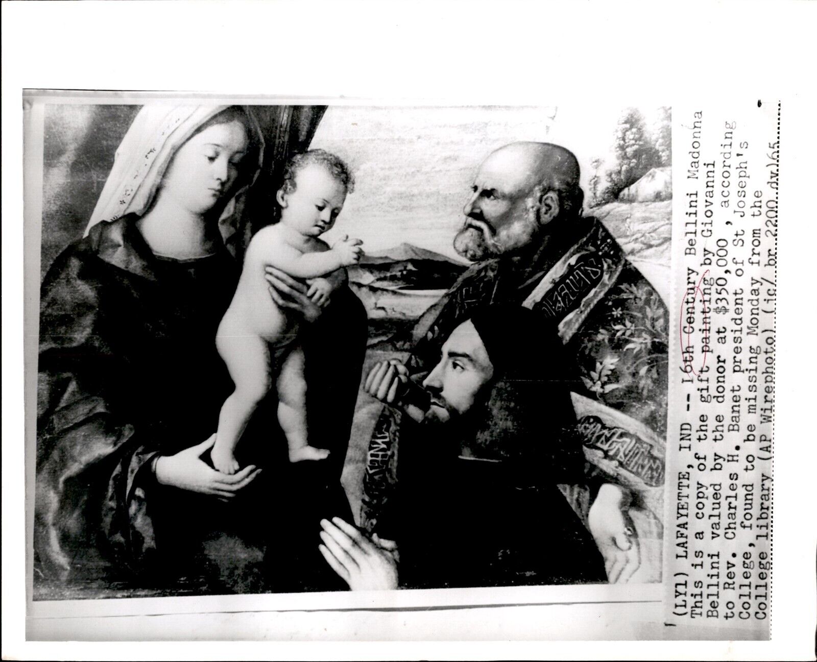 LG51 1965 AP Wire Photo 16TH CENTURY BELLINI MADONNA PAINTING FOUND MISSING