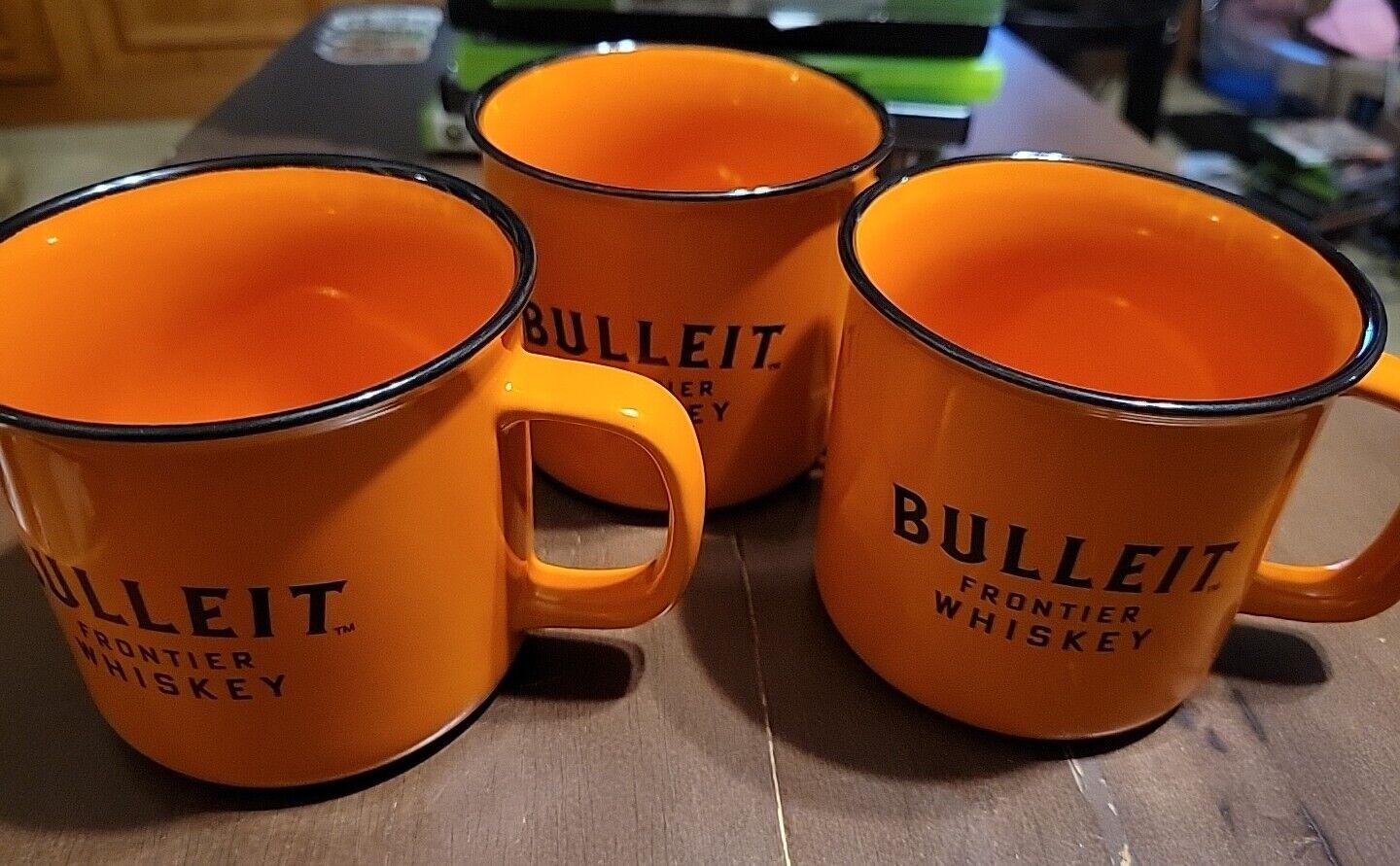 Bulleit Frontier Whiskey Campfire Mug Cup Orange Ceramic Set Of 3, EXCELLENT 