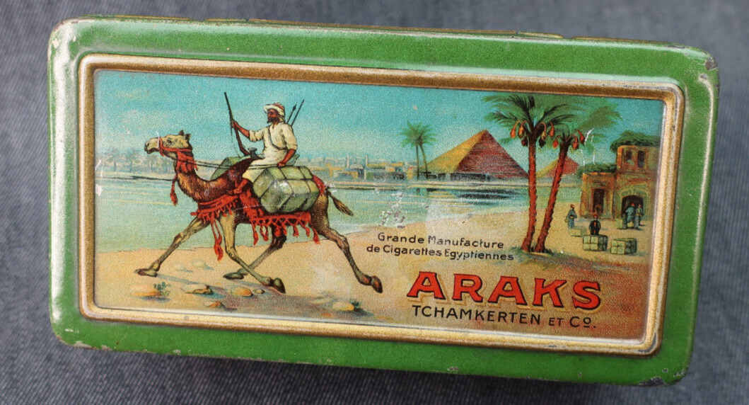 Vintage Rare 1920\'s ARAKS Arabian Cigarette Tobacco Tin ~ Camel Egyptian Green