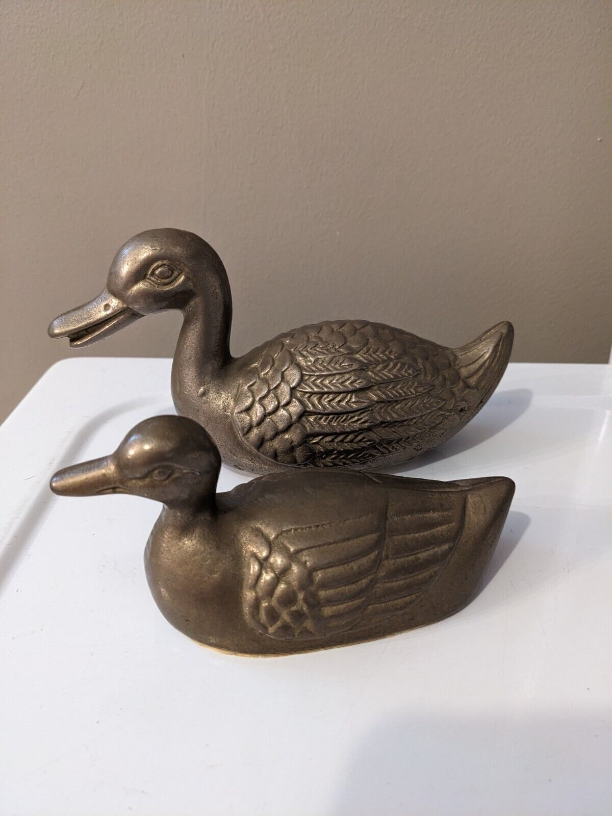 Vintage Pair Brass Ducks Figurines 