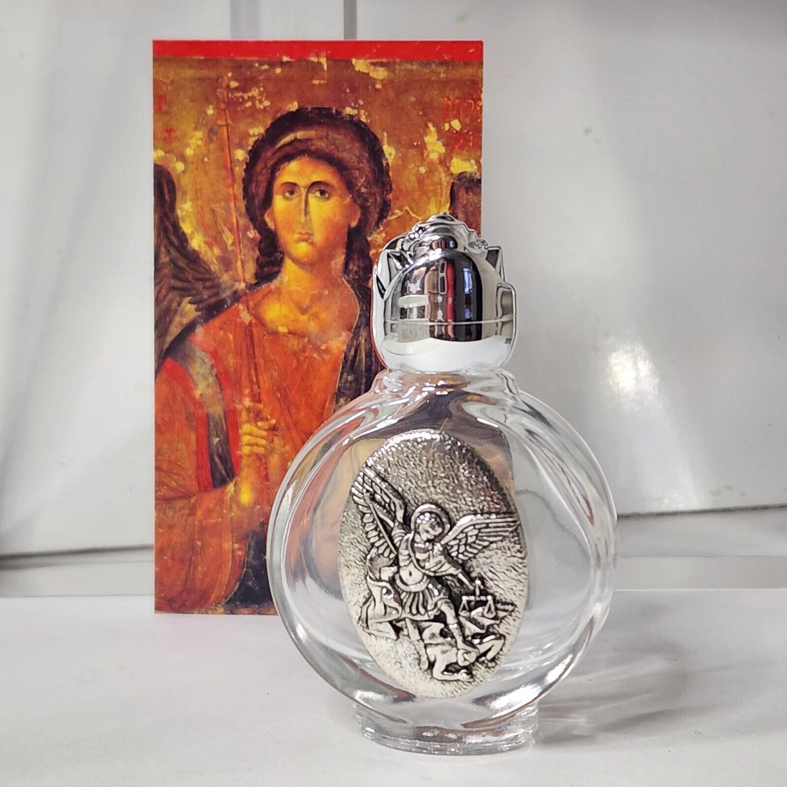 Saint Michael the Archangel Glass Holy Water Bottle w Prayer Card Silver