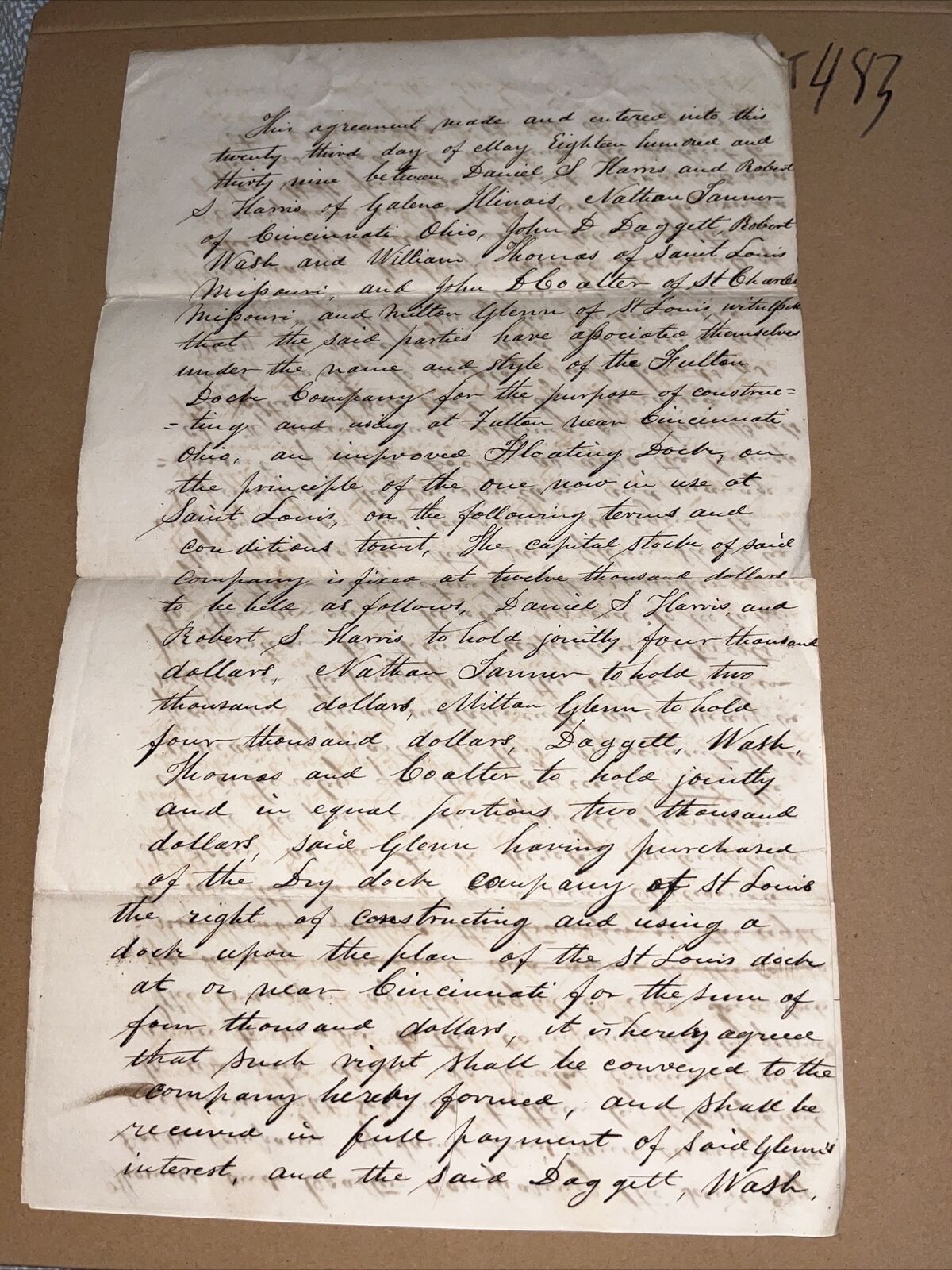 1839 Dock Company Agreement Signed: Famous Steamboat Captain Daniel Smith Harris