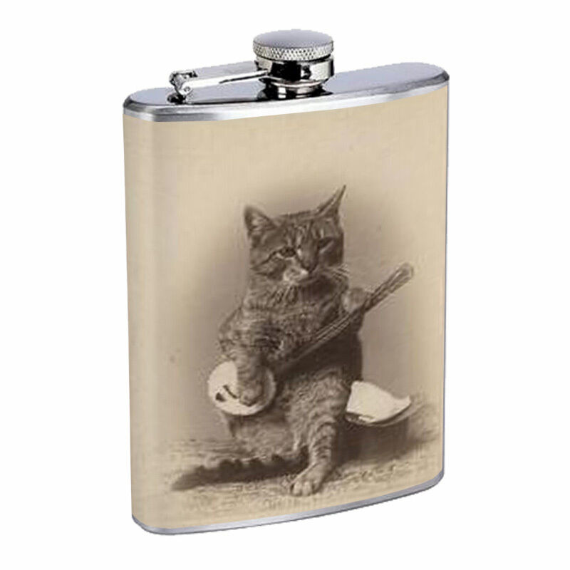 Vintage Cat Hip Flask D13 8oz Stainless Steel Collectible Old Fashioned Image 