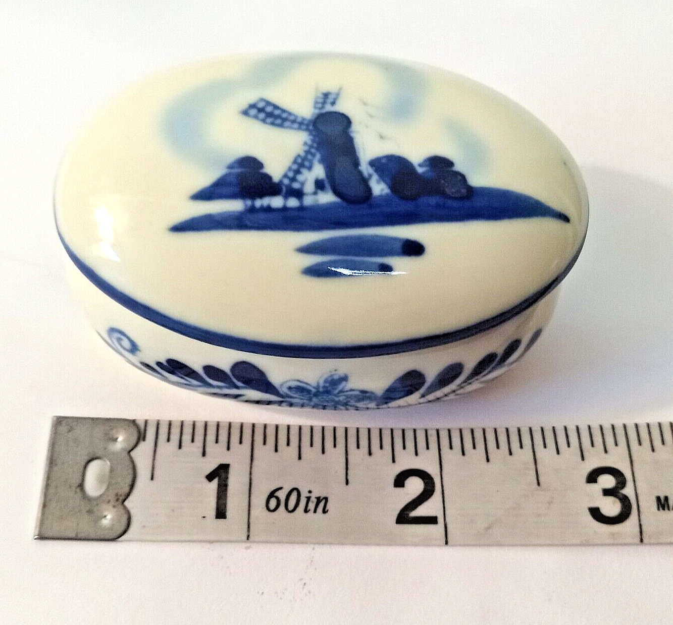 Vintage Delft Blue White Oval Porcelain Small Trinket Box Hand Painted Windmill