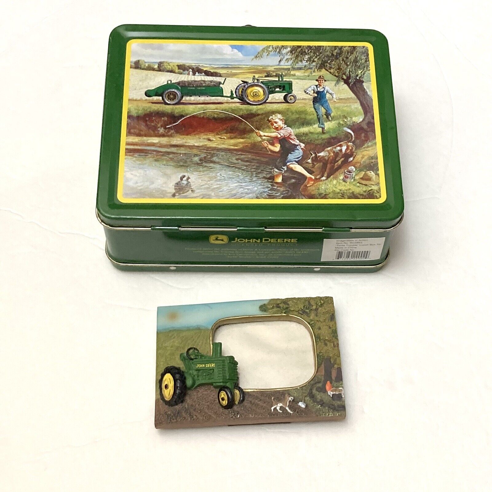 Vintage JOHN DEERE Kids Turtle Trouble Metal Tin LUNCH BOX and PICTURE FRAME