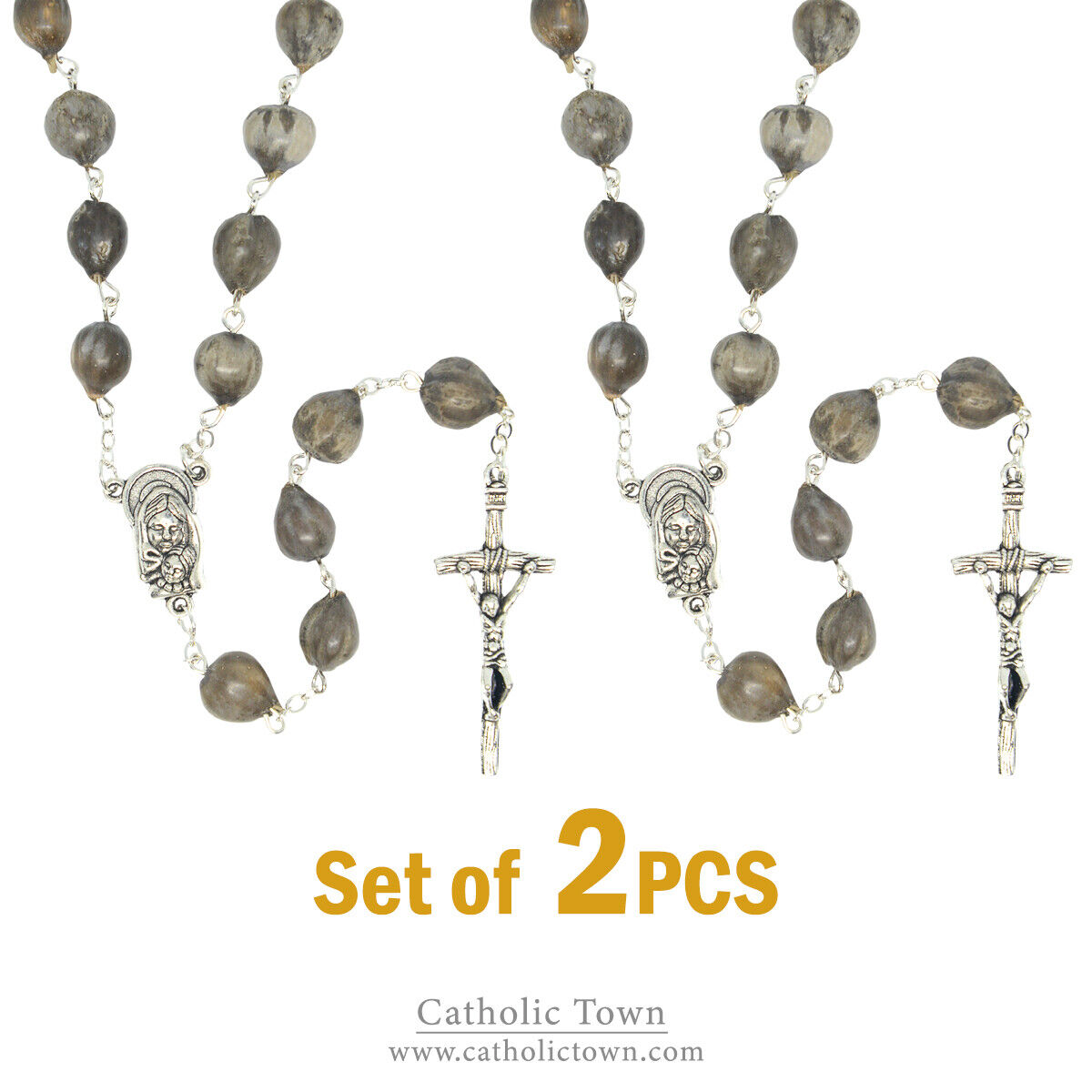 2-Catholic JOB'S TEARS Seed Bead Rosary w/ Madonna and Child medal and Crucifix 