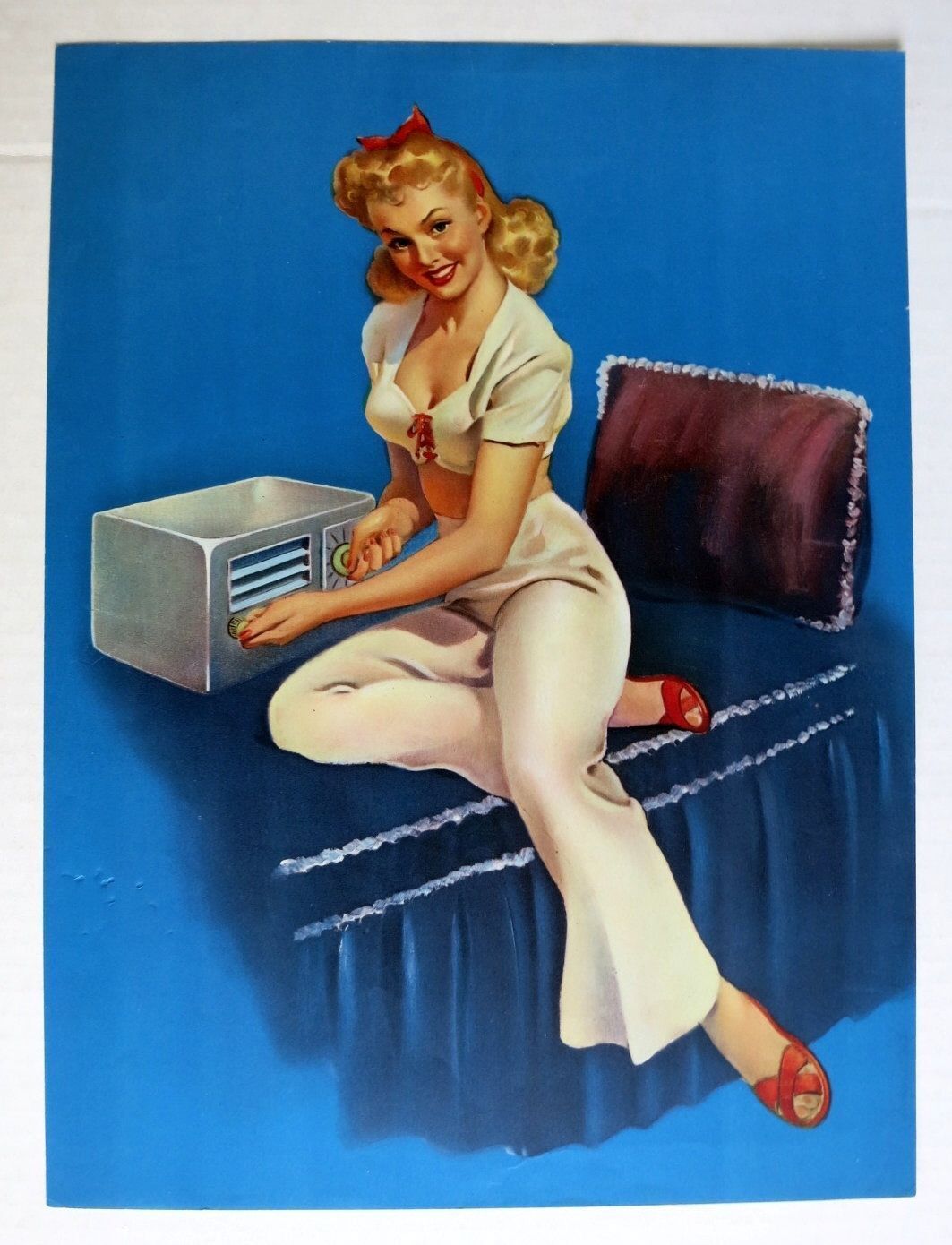 Authentic 1940-50s Pinup Girl Picture  Young Blond Girl Adjusting Radio on Bed