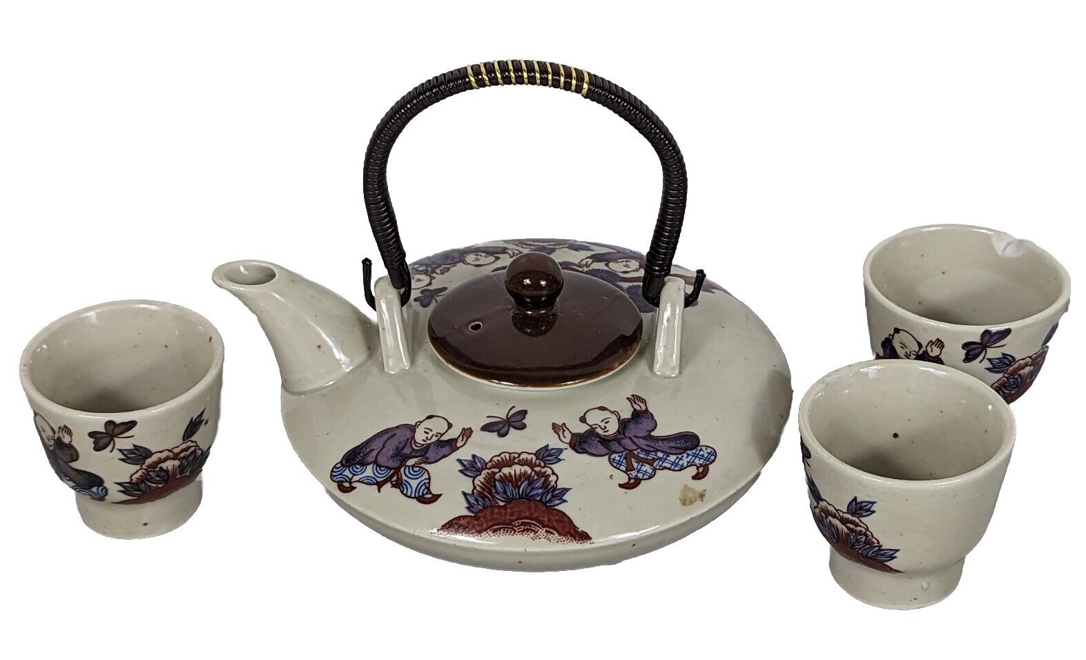Vintage 1970's Japanese Teapot and Teacups Set - JAPAN  Flowers Butterfly Figure
