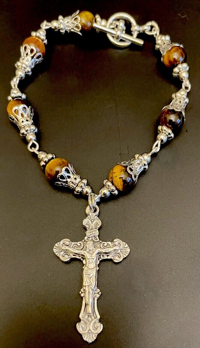 Catholic Semi Precious Capped Tigers Eye Chaplet, Silver Tone Creed Crucifix